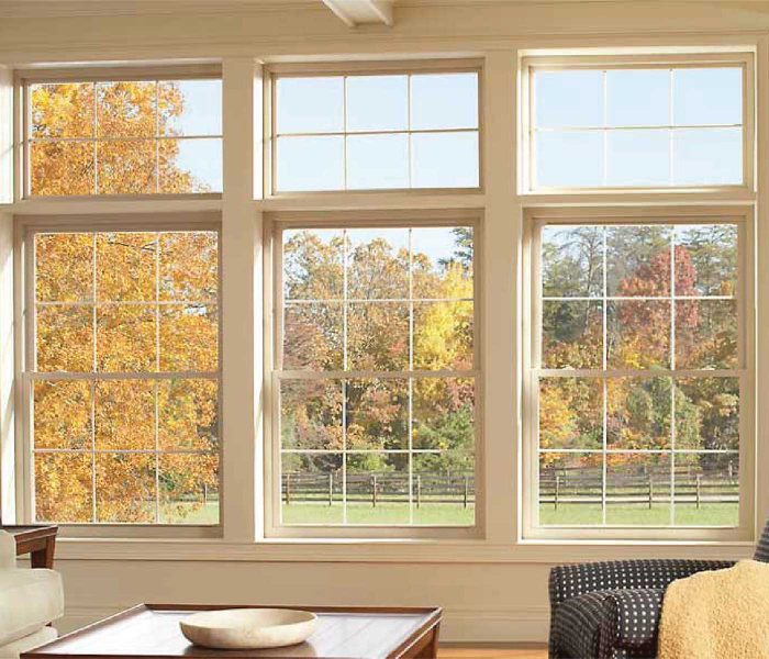 Series 3201 Double Hung Windows in Almond with Colonial Contoured Grid and Transoms