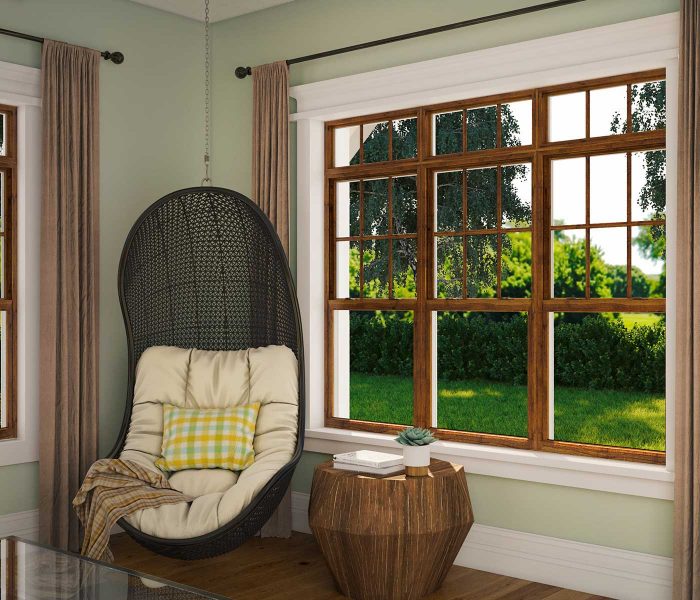 Series 3900 Double Hung Windows in Dark Woodgrain Laminate with Contoured Grid