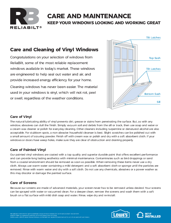 RELIABILT Windows and Doors Caring For Your Windows Brochure