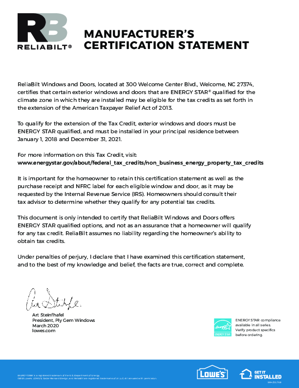 2018 - 2021 RELIABILT Energy Tax Credit Certification Statement