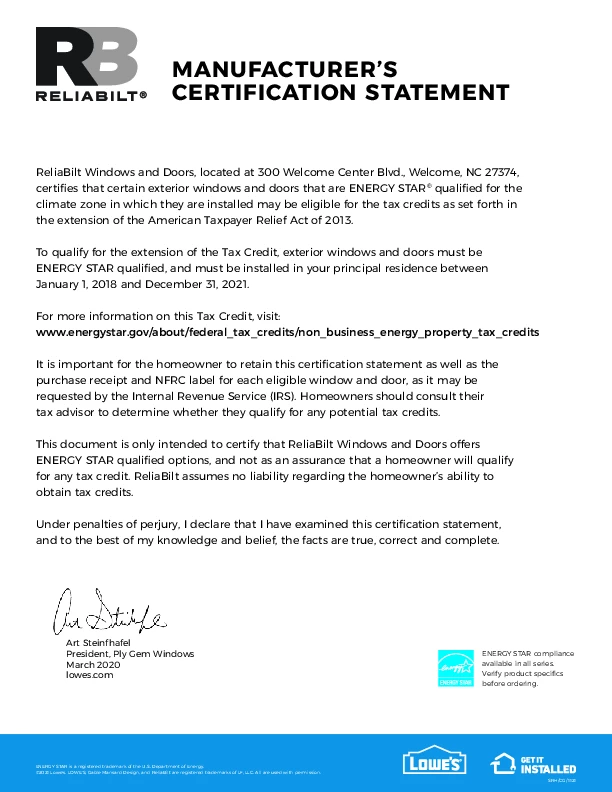 2018-2021 RELIABILT Energy Tax Credit Certification Statement