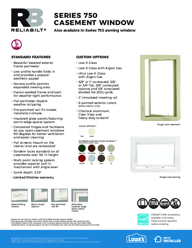 RELIABILT Series 750 Casement and 755 Awning Feature Sheet