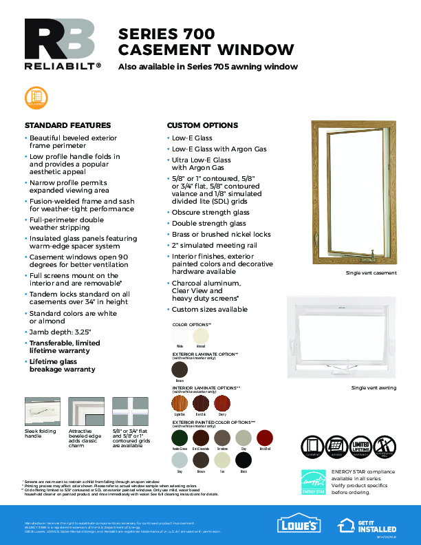 ReliaBilt Series 700 Casement and 705 Awning Feature Sheet