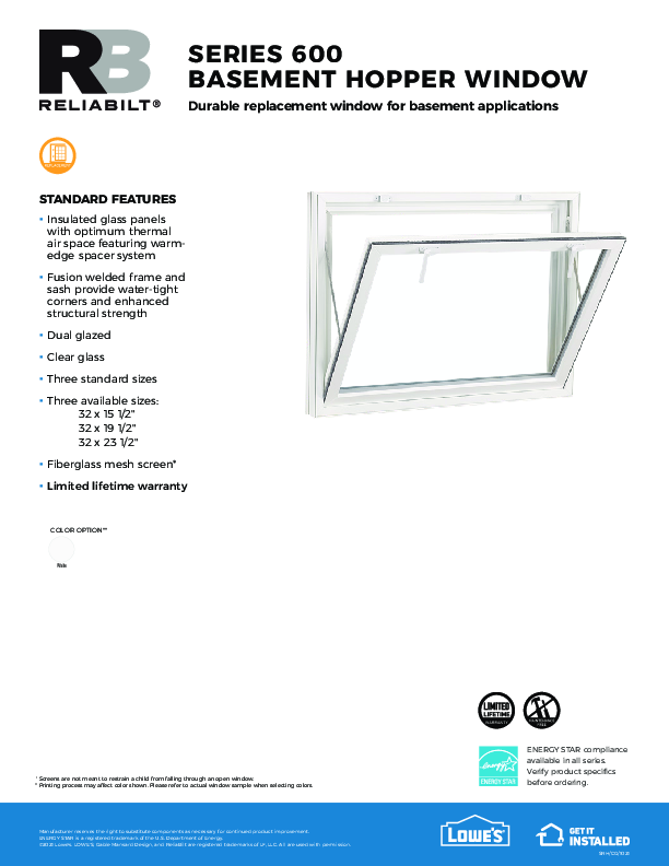ReliaBilt Series 600 Hopper Window Feature Sheet