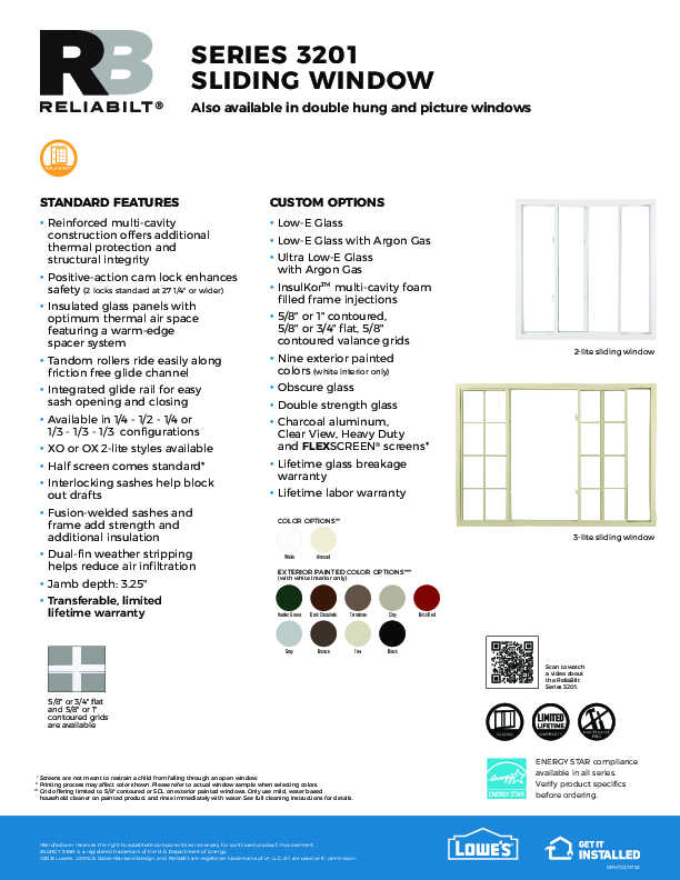 ReliaBilt Series 3201 Sliders Feature Sheet