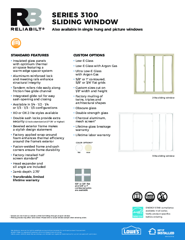 ReliaBilt Series 3100 Sliders Feature Sheet