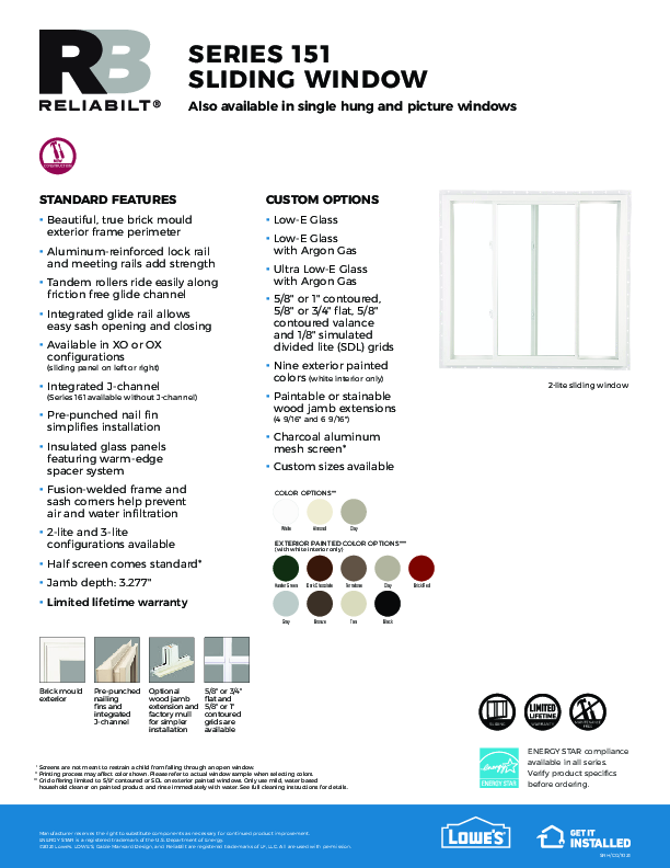 ReliaBilt Series 151 Sliders Feature Sheet