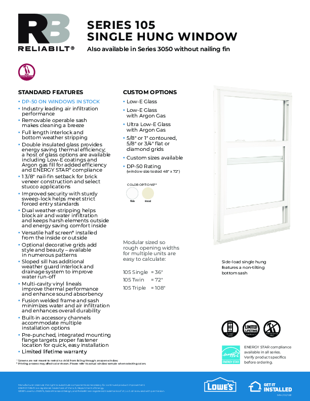 RELIABILT Series 105 Side-Load Single Hung Feature Sheet