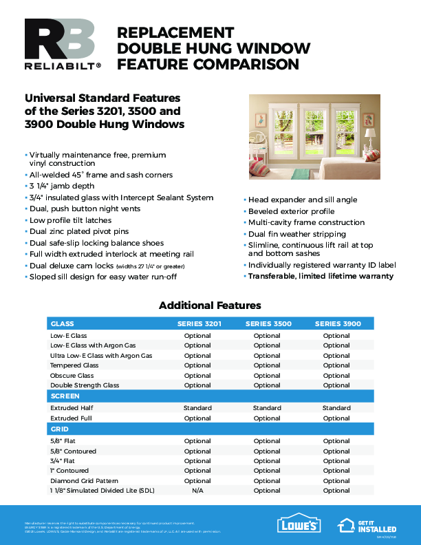 RELIABILT Replacement Window Comparison Flyer Feature Sheet