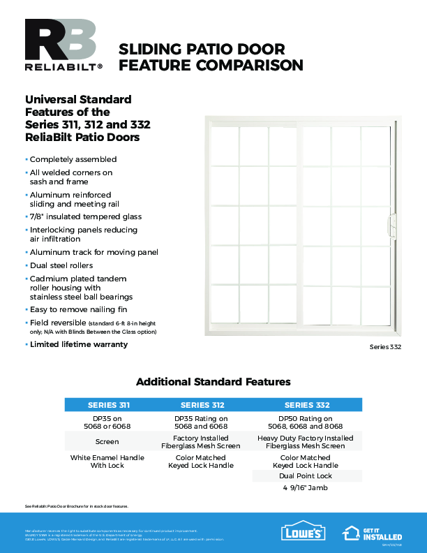ReliaBilt Patio Door Comparison Feature Sheet