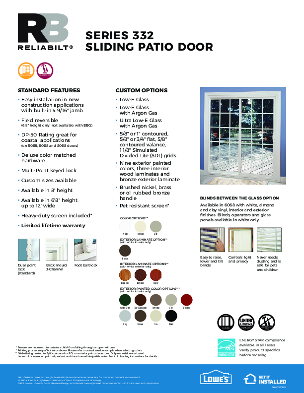 RELIABILT 332 Patio Door Feature Sheet