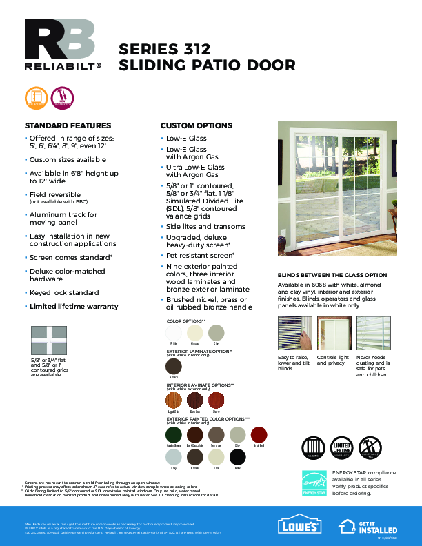 ReliaBilt 312 Patio Door Feature Sheet
