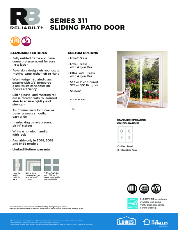 ReliaBilt 311 Patio Door Feature Sheet