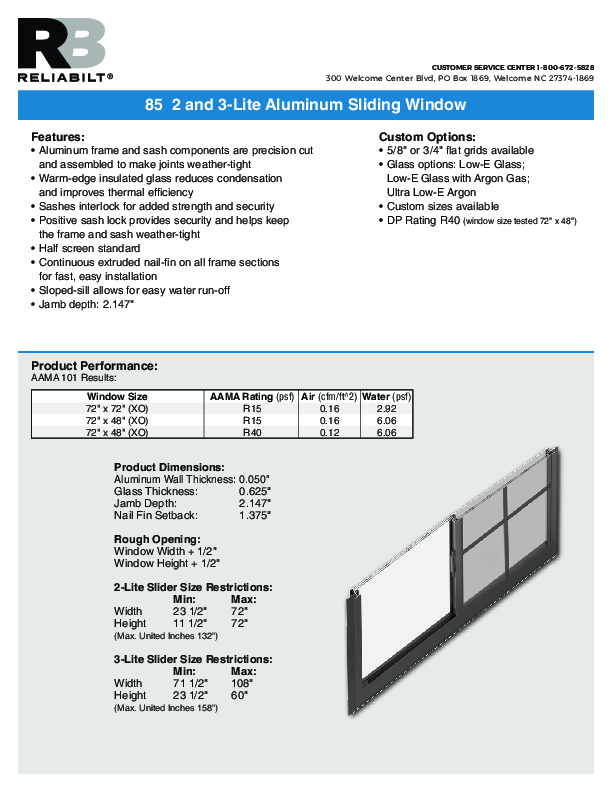 RELIABILT Series 85 Aluminum Sliders Windows Technical Data Sheet