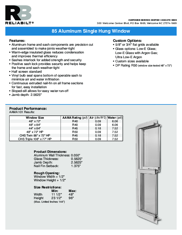 ReliaBilt Series 85 Aluminum Single Hung Technical Data Sheet