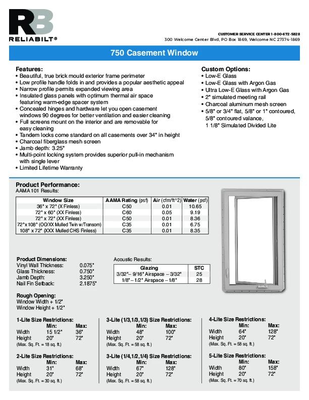 RELIABILT Series 750 New Construction Casement Technical Data Sheet