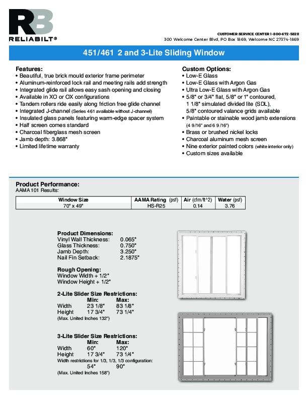 ReliaBilt Series 451 Sliders Technical Data Sheet