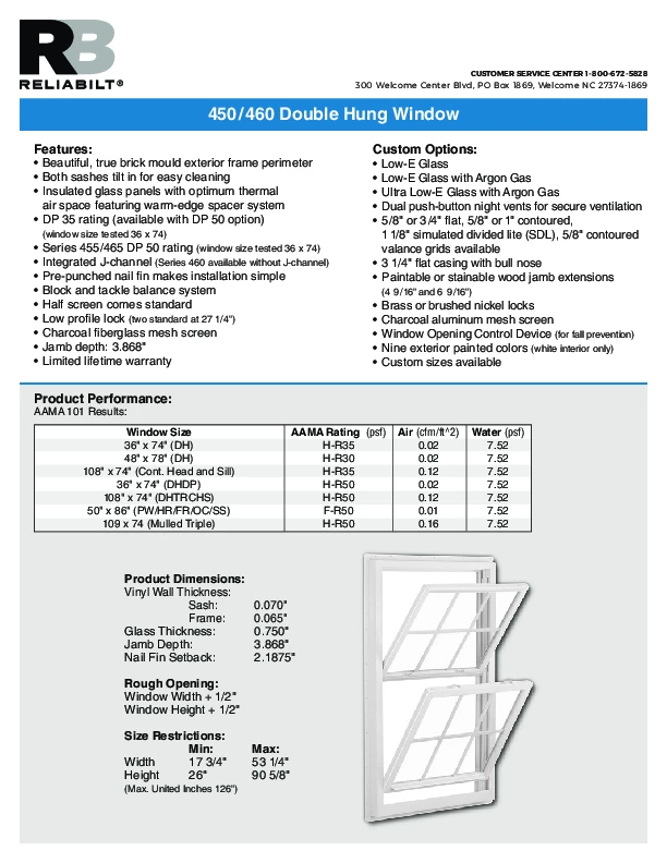 RELIABILT Series 450 Double Hung Technical Data Sheet.pd