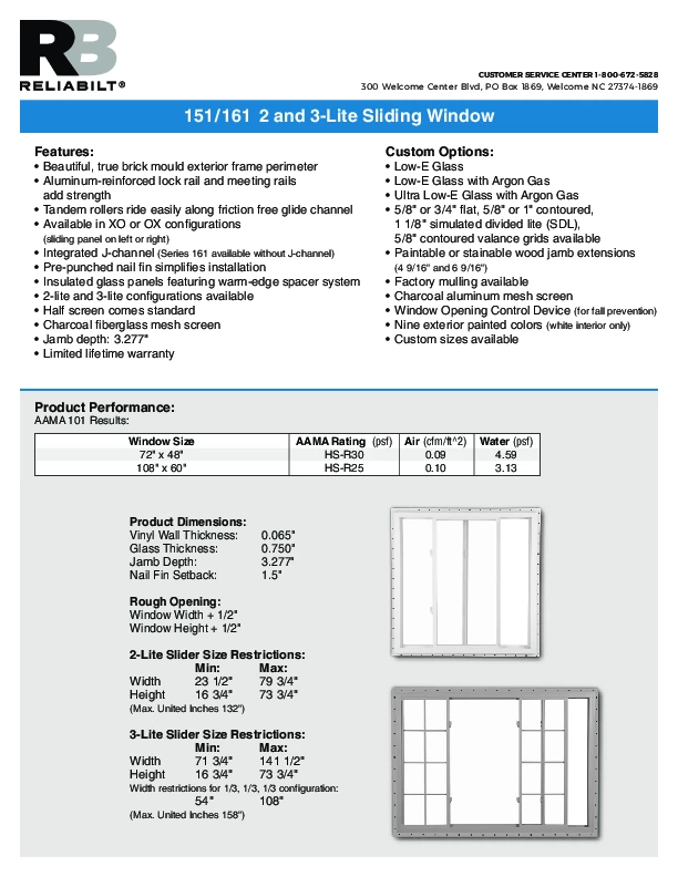 ReliaBilt Series 151 Sliders Technical Data Sheet