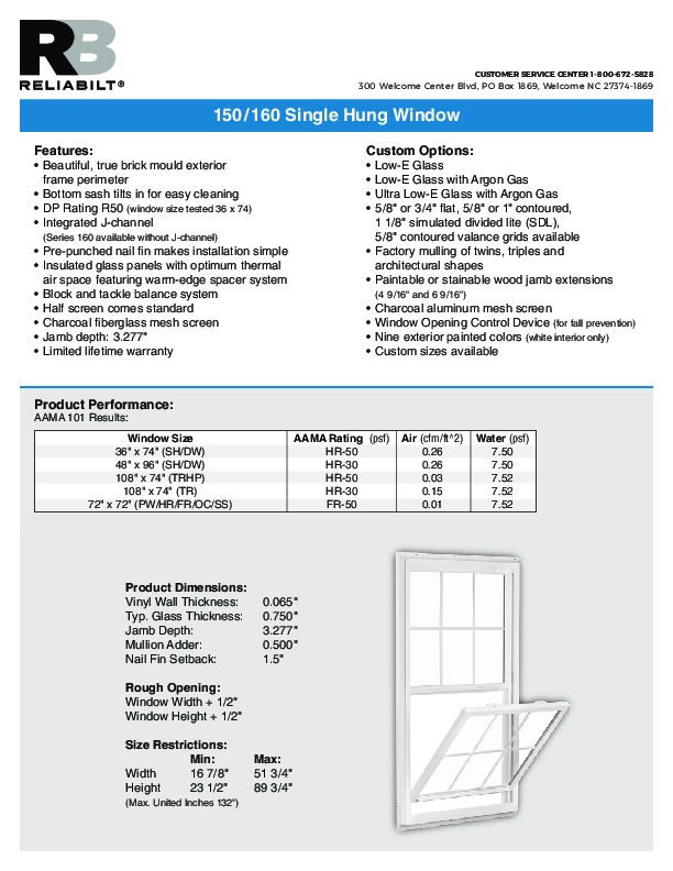 RELIABILT Series 150 Single Hung Technical Data Sheet