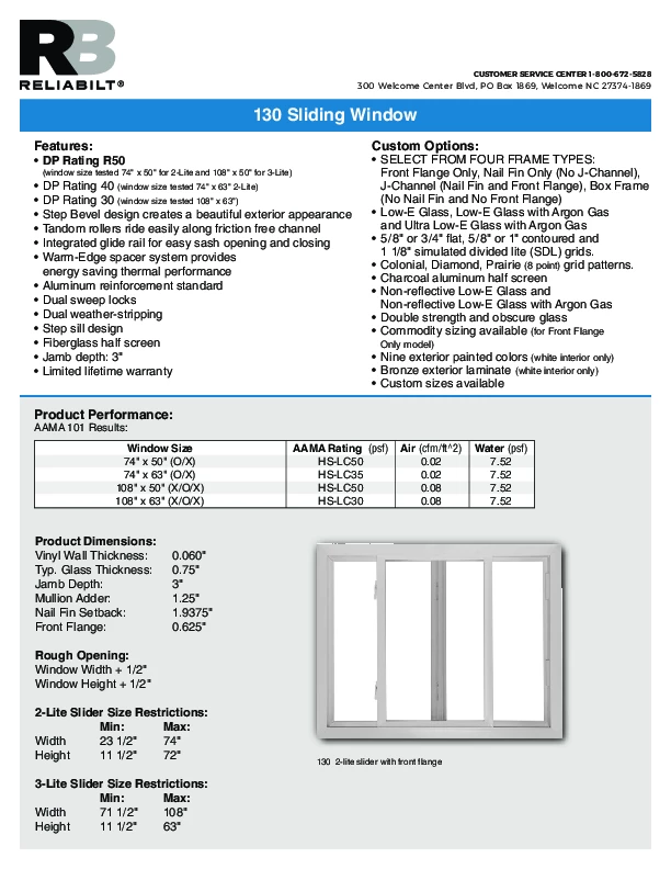 ReliaBilt Series 130 Sliders Technical Data Sheet