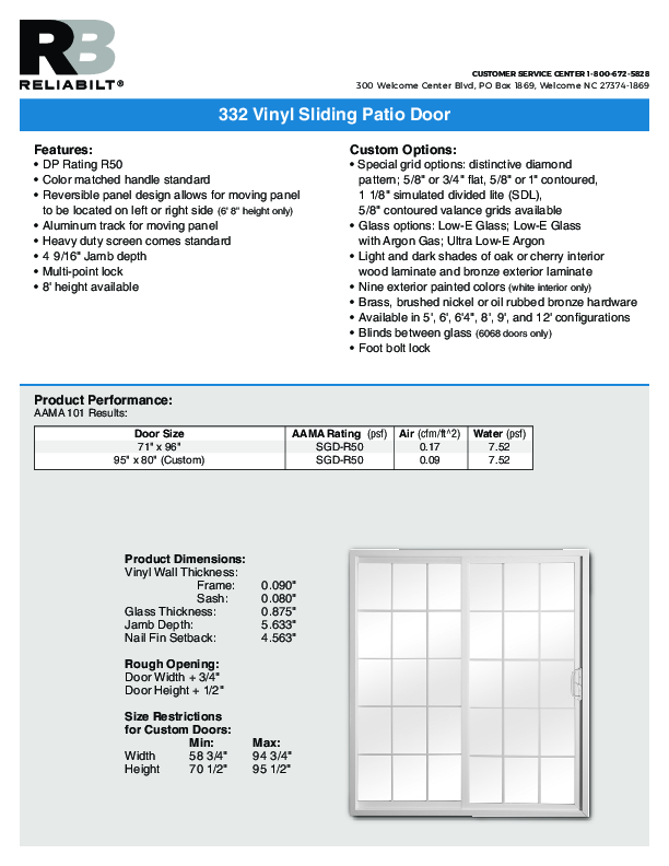 ReliaBilt Series 332 Sliding Patio Door Technical Data Sheet