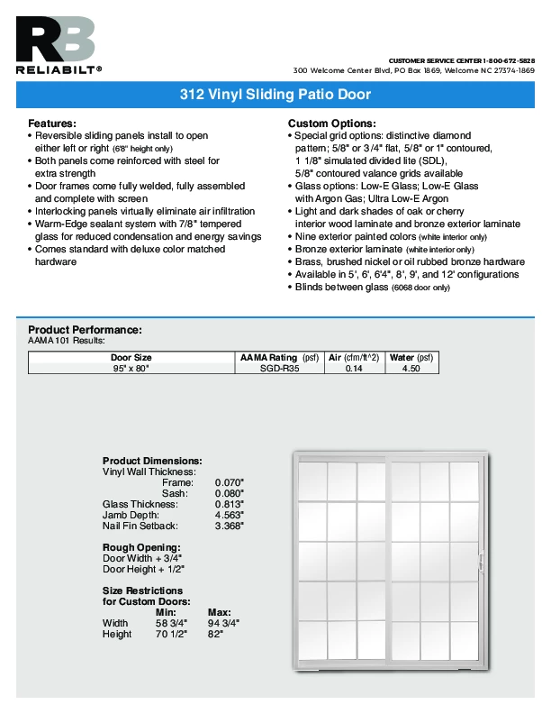 RELIABILT Series 312 Sliding Patio Door Technical Data Sheet