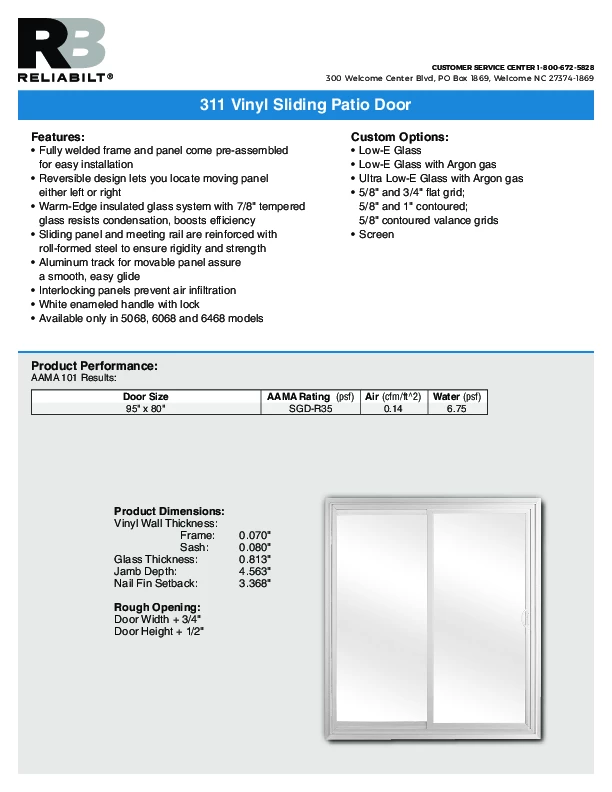 RELIABILT Series 311 Sliding Patio Door Technical Data Sheet