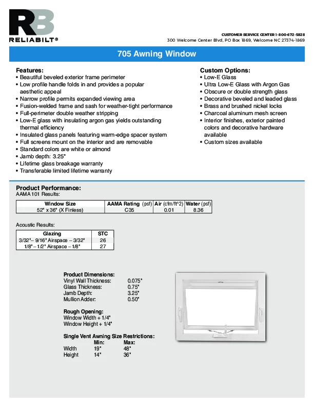 ReliaBilt Series 705 Replacement Awning Technical Data Sheet