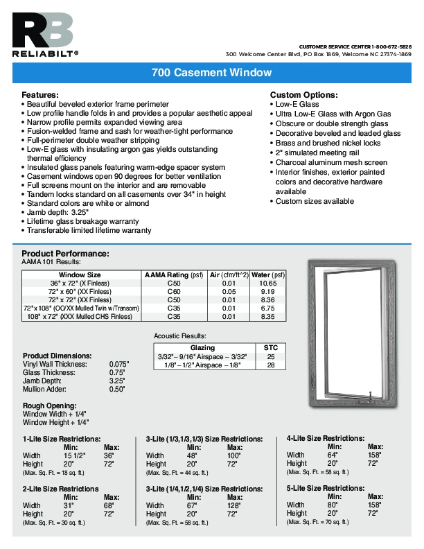RELIABILT Series 700 Replacement Casement Technical Data Sheet