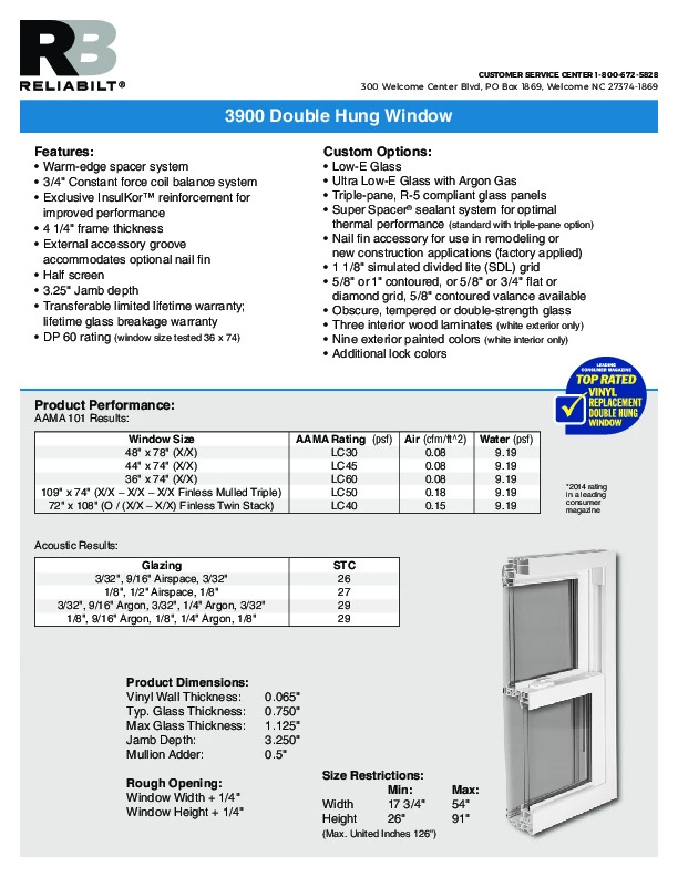 RELIABILT Series 3900 Double Hung Technical Data Sheet