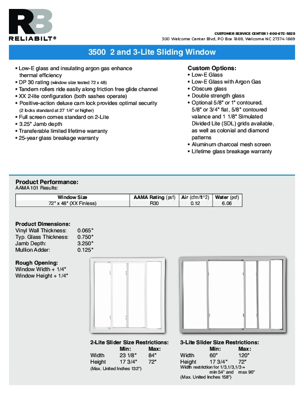RELIABILT Series 3500 Sliders Technical Data Sheet