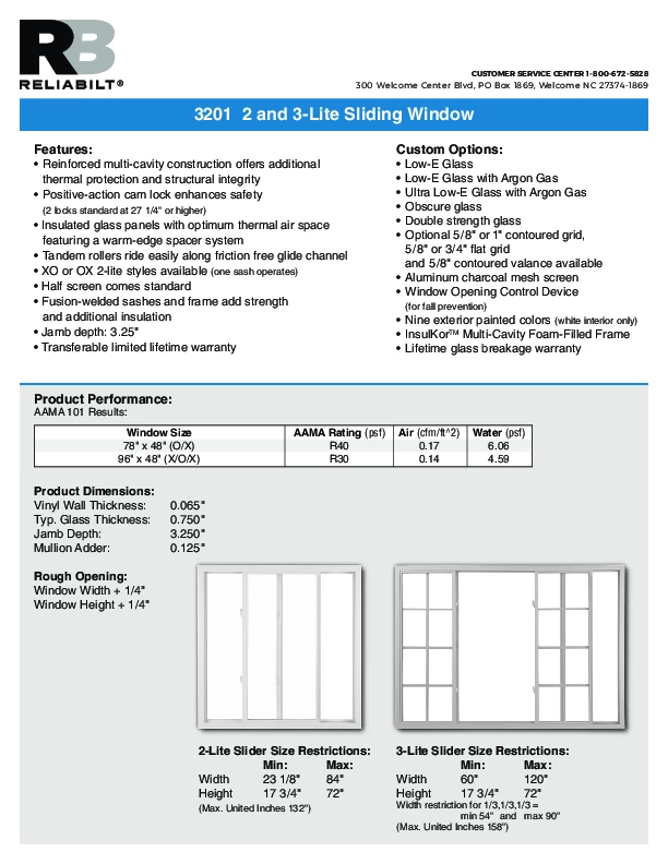 RELIABILT Series 3201 Sliders Technical Data Sheet