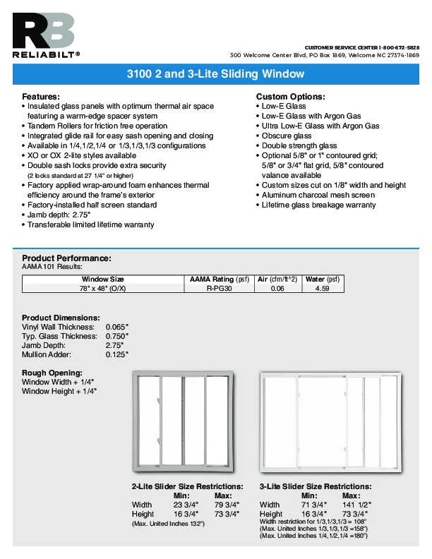 RELIABILT Series 3100 Sliders Technical Data Sheet