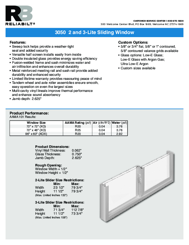 RELIABILT Series 3050 Sliders Technical Data Sheet