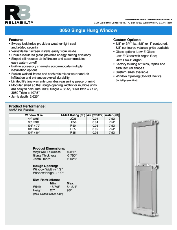 RELIABILT Series 3050 Single Hung Technical Data Sheet