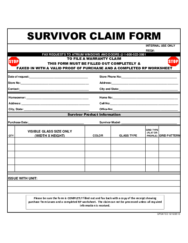 Survivor Warranty Claim Form