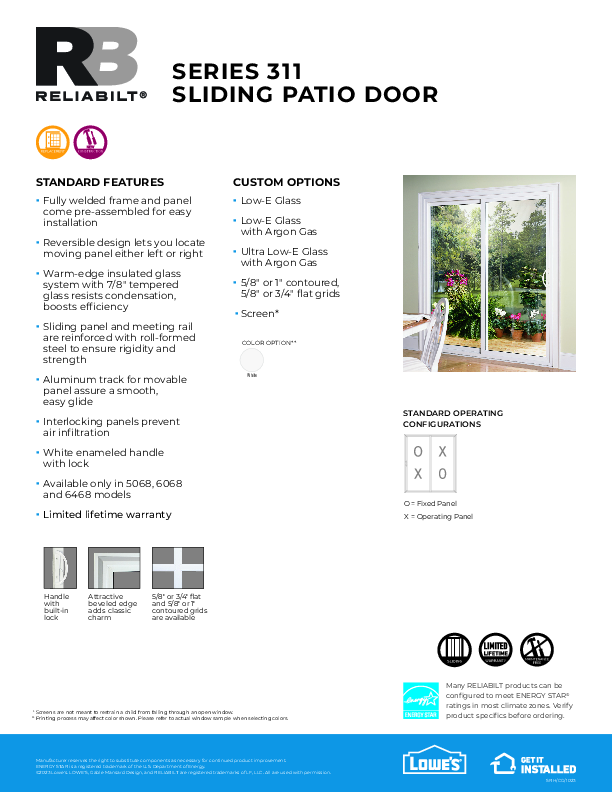 RELIABILT Patio Door Comparison Feature Sheet 2023