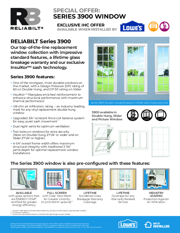 RELIABILT IHC Installed Offer Series 3900 Feature Sheet 2023