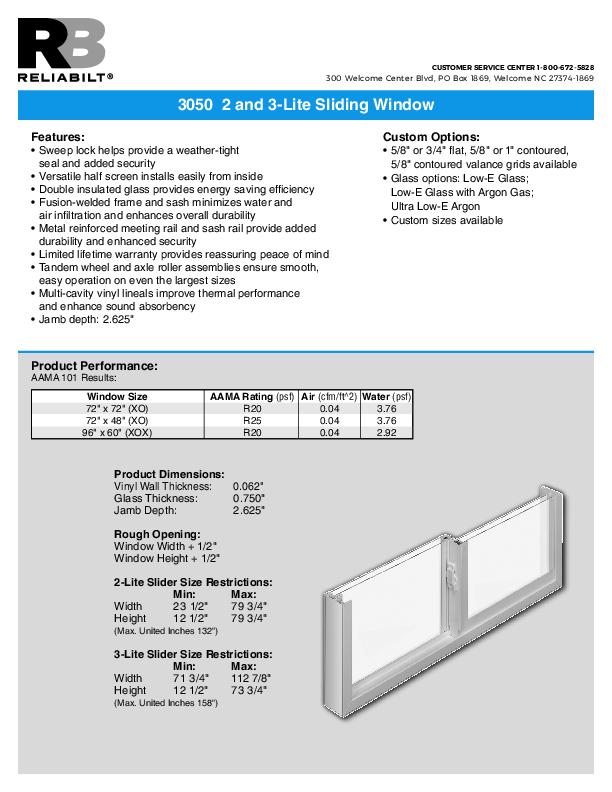 RELIABILT Series 3050 Slider Technical Data Sheet 2023