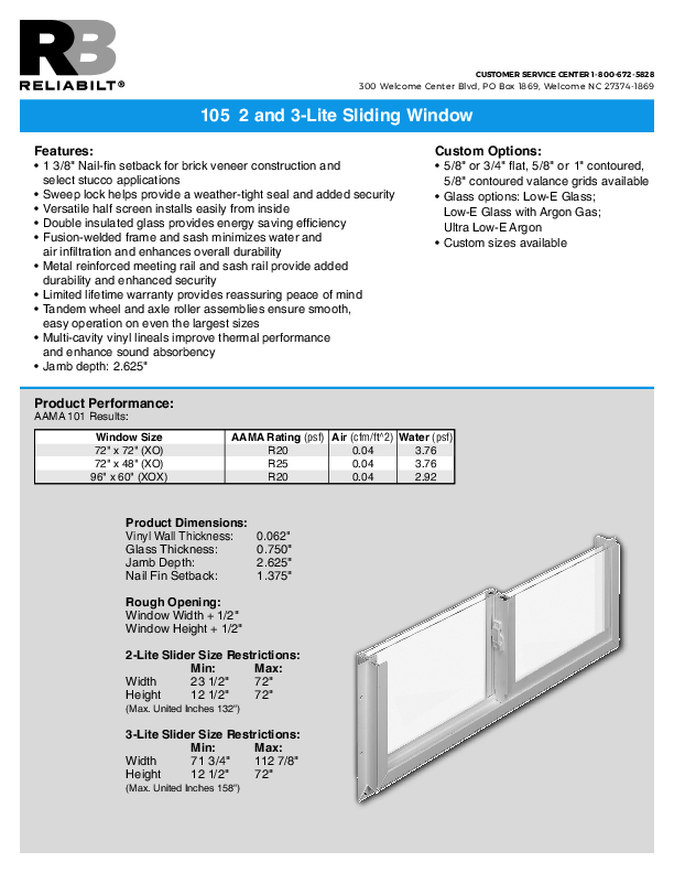 RELIABILT Series 105 Slider Technical Data Sheet 2023