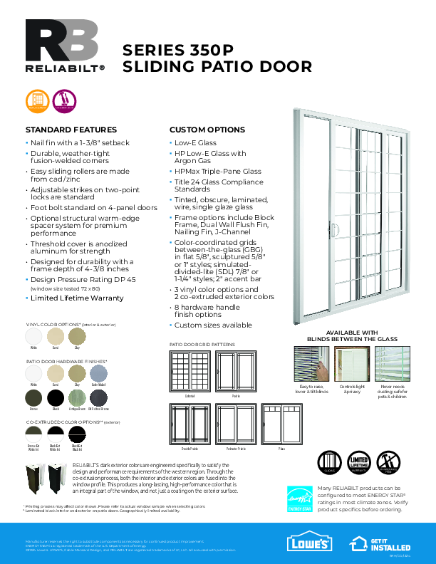 RELIABILT West Series 350P Patio Door Feature Sheet