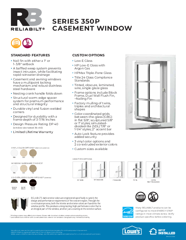 RELIABILT West Series 350P Casement Feature Sheet 1-25
