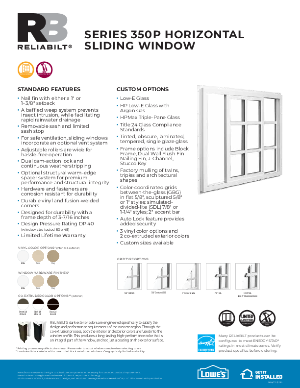 RELIABILT West Series 350P Slider Feature Sheet 1-25