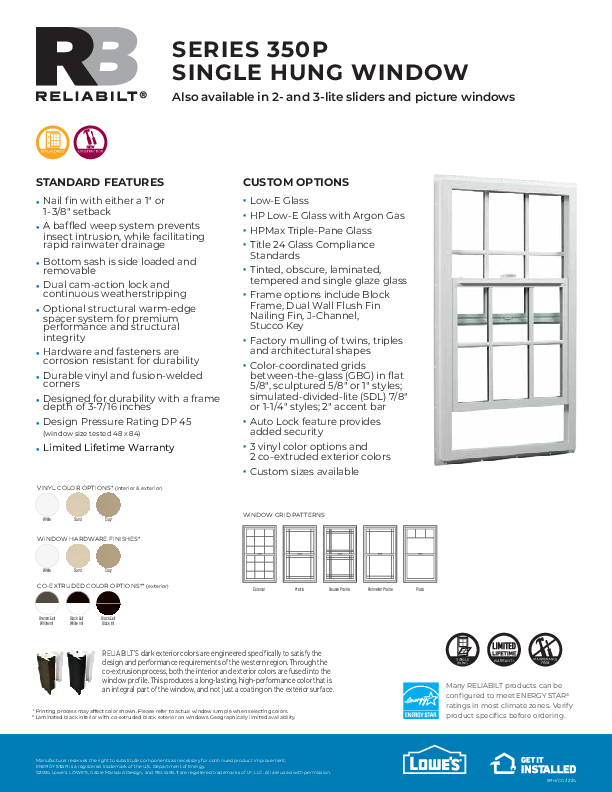RELIABILT West Series 350P Single Hung Feature Sheet 3-25