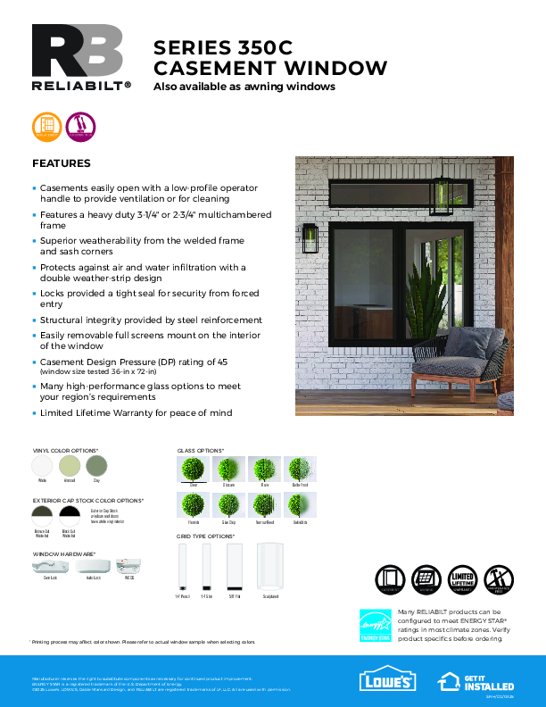 RELIABILT West Series 350C Casement Feature Sheet
