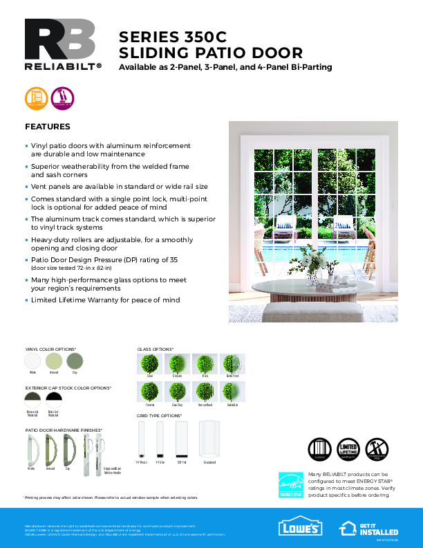 RELIABILT West Series 350C Patio Door Feature Sheet