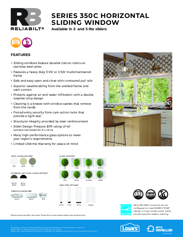 RELIABILT West Series 350C Slider Feature Sheet