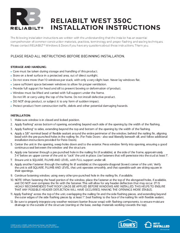 RELIABILT West 350C Installation Instructions