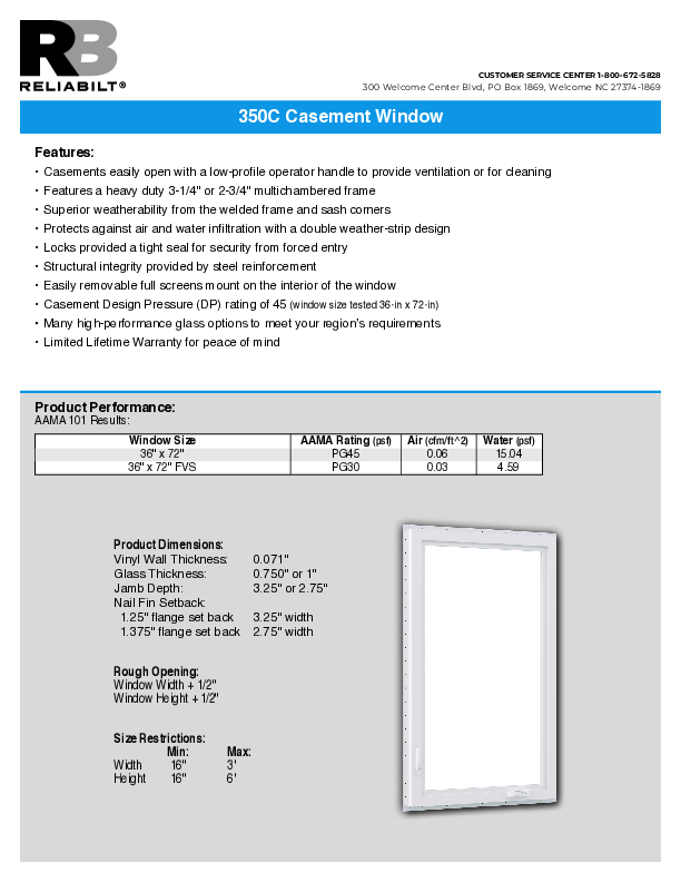 RELIABILT West Series 350C Casement Technical Data Sheet